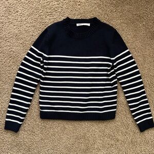 Zara Navy and White Striped Crew Neck Sweater